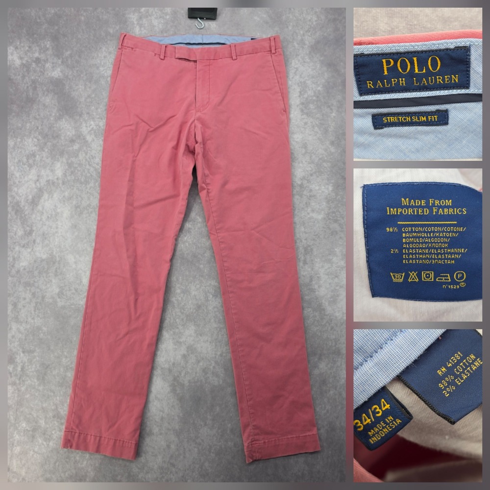 Polo Ralph Lauren Chino Pants Mens 34x34 Coral Pink Stretch Slim Fit Fits 36x34